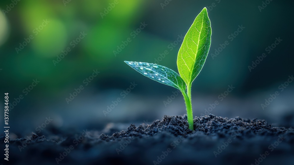Poster tender sprout emerging from dark soil symbolizing new beginnings and growth in a serene natural envi