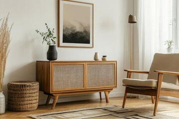 Modern Minimalist Living Room with Mid-Century Style.  A warm and inviting space featuring a wooden cabinet, a beige armchair, and a neutral color palette. 