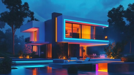 Neon Dream House: Nighttime Luxury Villa with Illuminated Pool