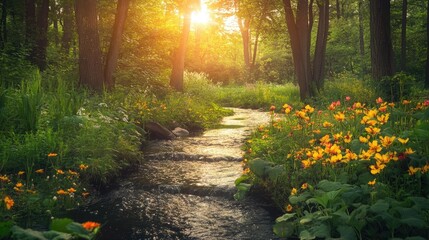 Obraz premium Sunlit Forest Stream with Blooming Flowers Landscape