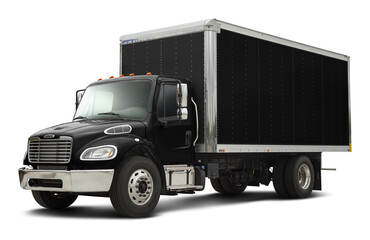 Modern american delivery truck with chrome elements in all black color. Front side view isolated on white background.