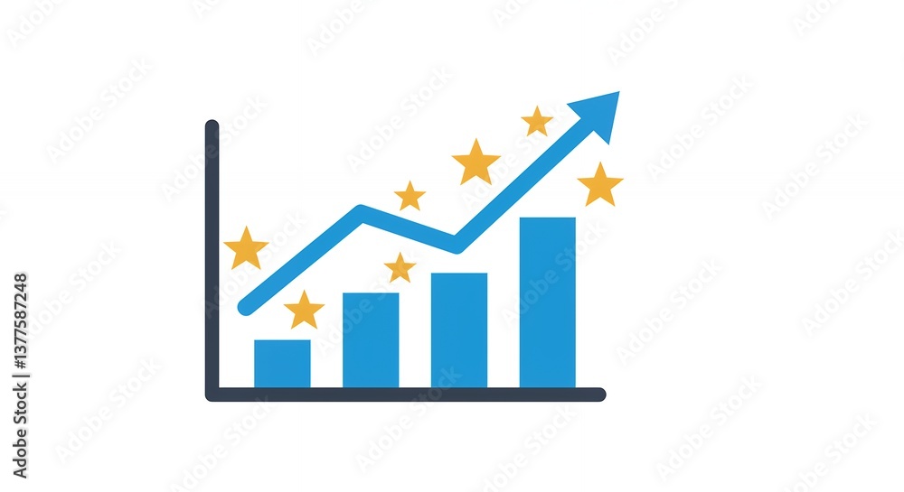 Poster analyzing rising graph with arrow and stars symbolizing growth and success