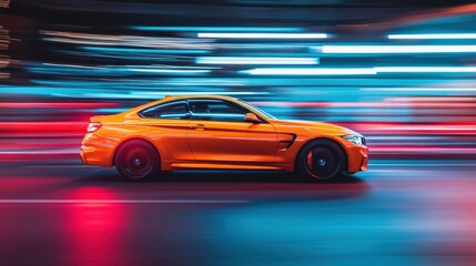 Obraz premium Car driving down a city street at night with a taxi making a u-turn in a stylish urban background