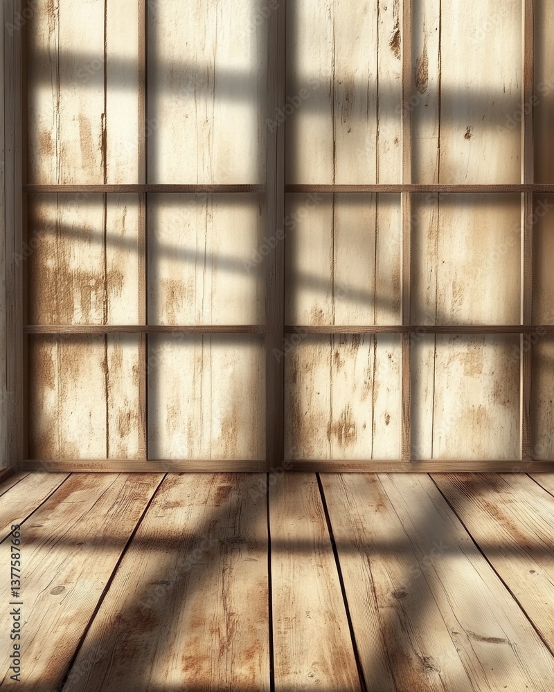 Poster rustic wooden interior with window light creating shadow patterns on the floor and wall providing a 
