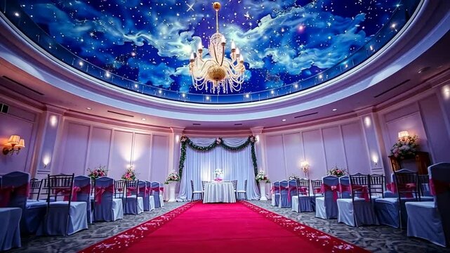 Elegantly appointed wedding hall showcasing celestial ceiling mural and ceremonial setup preparation ready