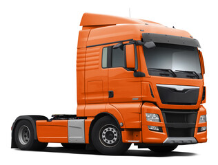 A modern European truck is completely orange. Front side view isolated on white background.