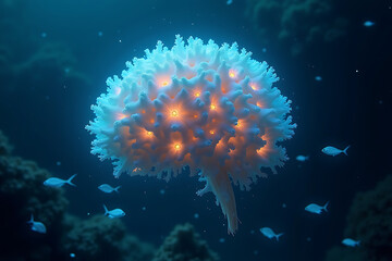 Bioluminescent Floating Brain in an Underwater World, Glowing Coral Tendrils with Pulsating Light, AI-generated