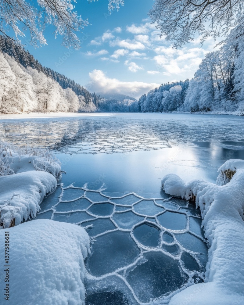 Poster serene frozen lake landscape with hexagonal ice patterns reflecting winter sky and snow covered tree