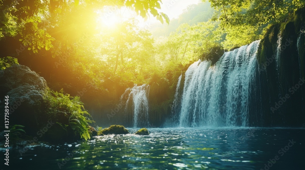 Poster serene waterfall cascading through lush green forest with sunlight filtering through trees creating 