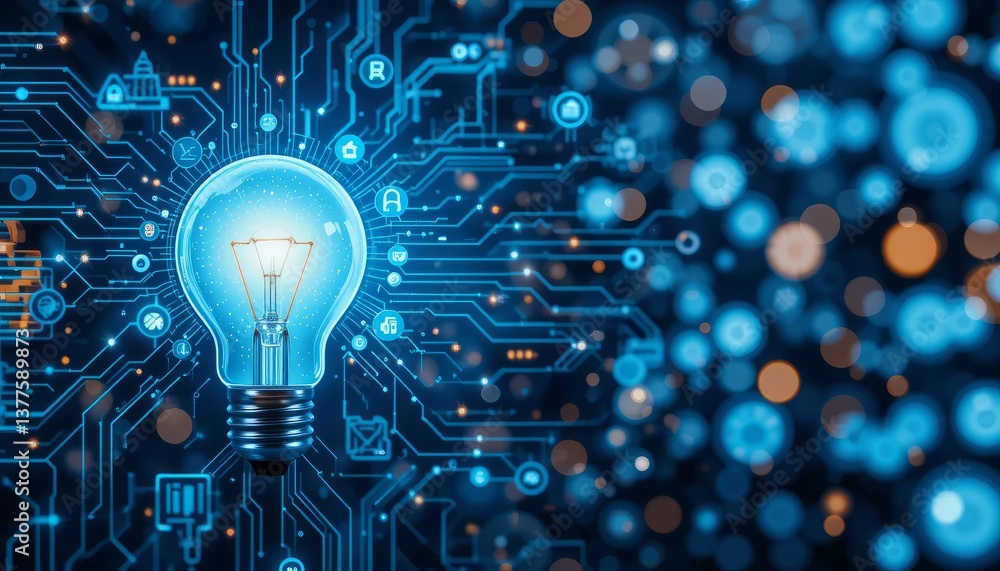 Poster glowing lightbulb on circuit board abstract technology background