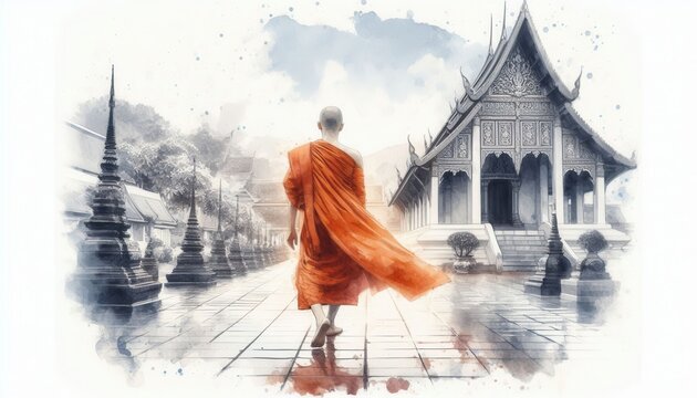 Monk walking towards temple chiang mai digital art serene environment artistic perspective