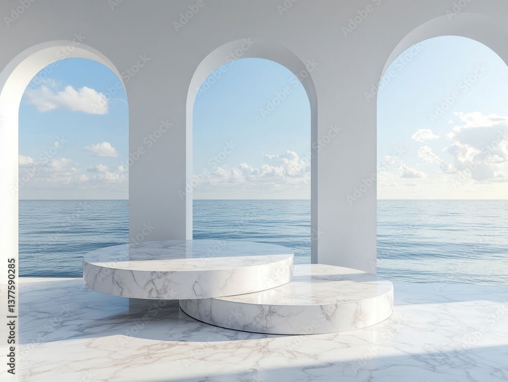 Poster elegant marble podiums with ocean view through arched openings serene architectural scene bright and