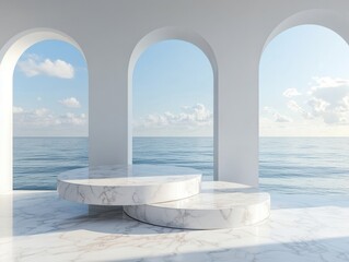 Obraz premium Elegant marble podiums with ocean view through arched openings serene architectural scene bright and airy minimalist design for product display and presentation