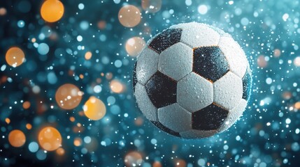 Naklejka premium Soccer ball in mid-air surrounded by water droplets in a dynamic close-up shot