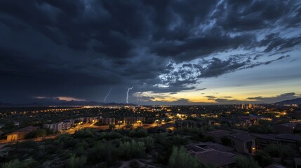 Obraz premium A breathtaking view of a city skyline under dramatic skies. The storm looms large as the sun sets softly. A perfect blend of nature and urban beauty. Generative AI