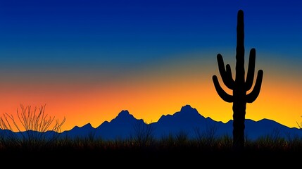 Sunset Silhouette Desert Cactus Landscape.