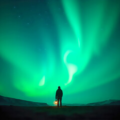 Fototapeta premium Man stands in field under green sky, bright light