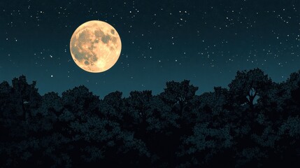 Fototapeta premium Full moon rising above trees in a quiet forest during a magical night sky with stars and clouds