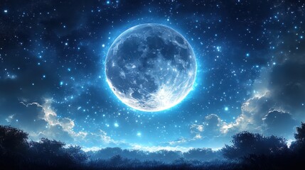 Full moon shining in the night sky over a forest with an anime-style moon illustration