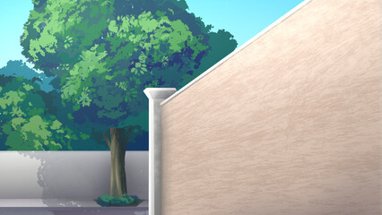 Anime style urban background with a beige wall and lush green trees.
