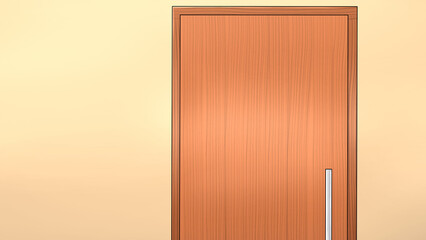 Wooden door with metallic handle on wall. anime style illustration