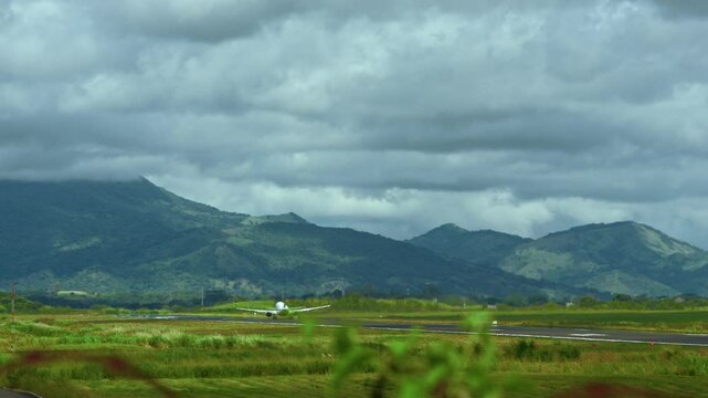 Slow motion shot of a private jet taking off from Tocumen International Airport