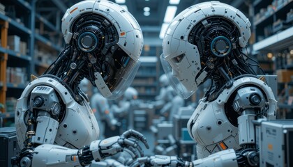 Fototapeta premium Two Humanoid Robots Interact In A Modern Industrial Environment