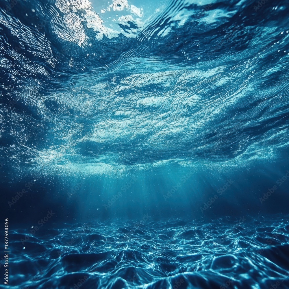 Poster ethereal underwater scene with sun rays piercing through the ocean waves creating a serene and calmi