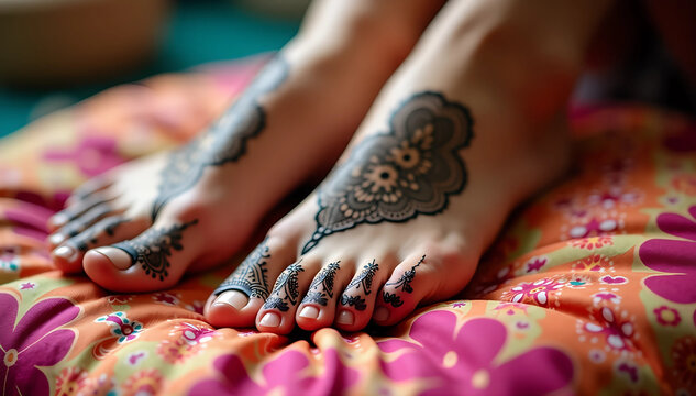 Exquisite female feet adorned with intricate henna designs resting on a vibrant floral cushion, showcasing beauty and cultural artistry in a serene setting