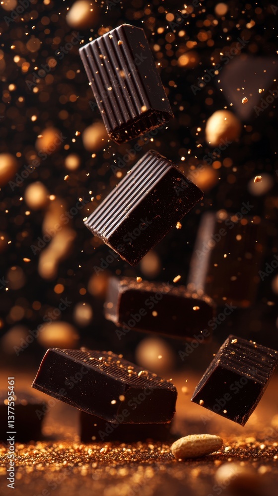 Poster decadent dark chocolate squares falling amidst a golden hazelnut cascade against a dark backdrop cre
