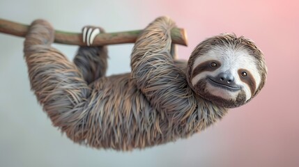 Fototapeta premium Adorable Sloth Hanging on Branch Smiling Sweetly Rainforest Wildlife