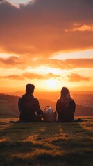 A couple enjoys a stunning sunset view together. They sit close on a blanket, surrounded by nature. The warm colors create a romantic and cozy atmosphere. Generative AI
