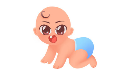 Adorable cartoon-style illustration of a crawling baby with big expressive eyes, a cheerful expression, and a blue diaper.