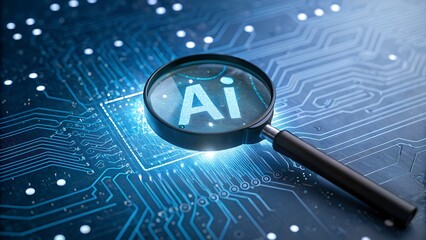 magnifying glass zooming in AI on a circuit board background, magnifying glass zooms in on "AI" over a digital circuit board, emphasizing the focus on artificial intelligence in futuristic technology 