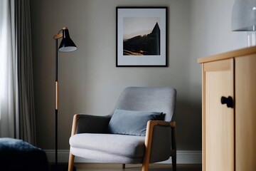 Cozy reading nook with armchair, lamp, and artwork