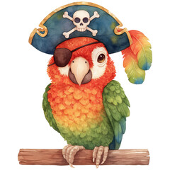A colorful parrot wearing a pirate hat and eyepatch, perched on a branch, showcasing vibrant feathers and a playful expression.