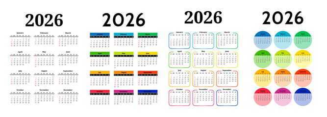 Set of calendars for 2026 isolated on a white background