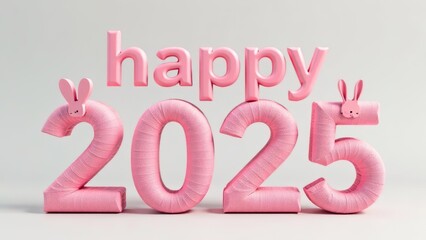 3d pink Happy 2025 inscription with easter bunny heads decoration, happy easter 2025 banner
