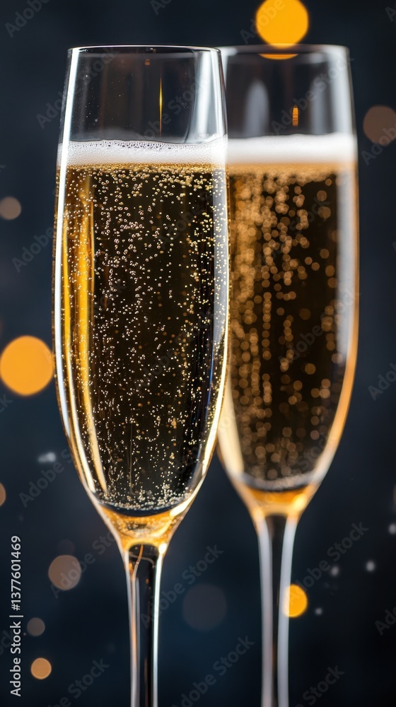 Aufkleber sparkling champagne in elegant flutes against a dark backdrop with bokeh lights creating a festive m