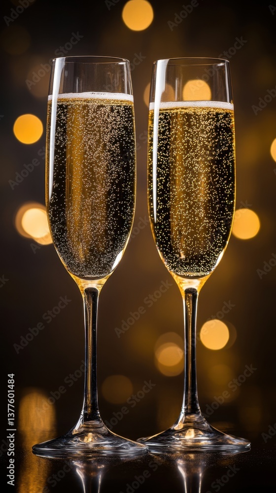Poster elegant champagne flutes filled with sparkling wine against a festive bokeh background creating a ce