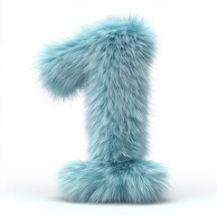 A fluffy, light blue number one, covered in soft faux fur stands on a plain white surface. Its unique material and bright color stand out.