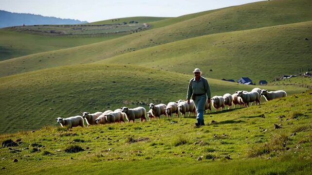 A shepherd guiding his flock across rolling green hillsides offers a glimpse into rural pastoral life