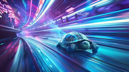 A vibrant digital turtle racing through a neon-lit tunnel, showcasing speed and motion in a fantastical setting.