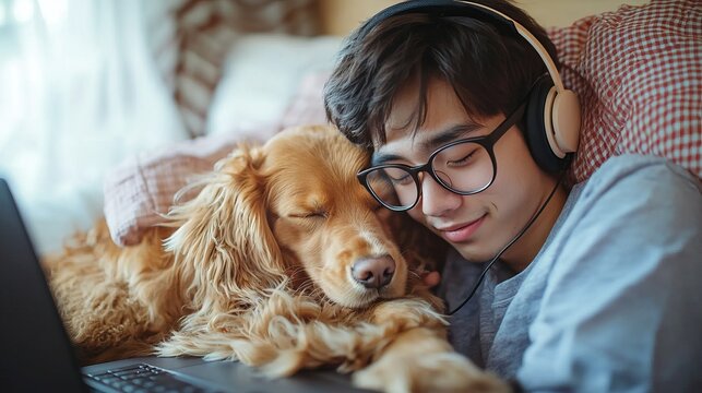Digital Nomad Lifestyle, A cozy scene of a young man enjoying time with his dog while listening to music on headphones and relaxing by a laptop.