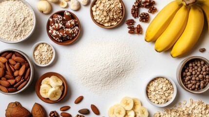 Fototapeta premium Variety of nuts including almonds and bananas arranged on a wooden table