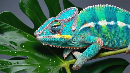 Fototapeta premium Vibrant Chameleon Close-up on Lush Green Leaf with Water Drops - Made with Generative AI