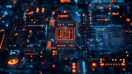 Obraz premium Abstract Digital Circuitry Glowing Orange Blue Nodes CPU Close Up