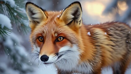 Fototapeta premium Red Fox Portrait with Soft Snowy Forest Bokeh Background - Made with Generative AI