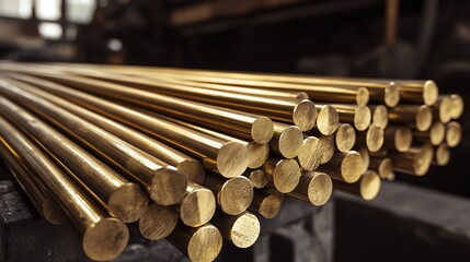 The brass rods are stacked in the warehouse ready for