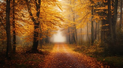 Obraz premium A tranquil path winds through a foggy forest filled with orange leaves. The scenery showcases the beauty of autumn as morning light filters through trees, creating a calm ambiance
